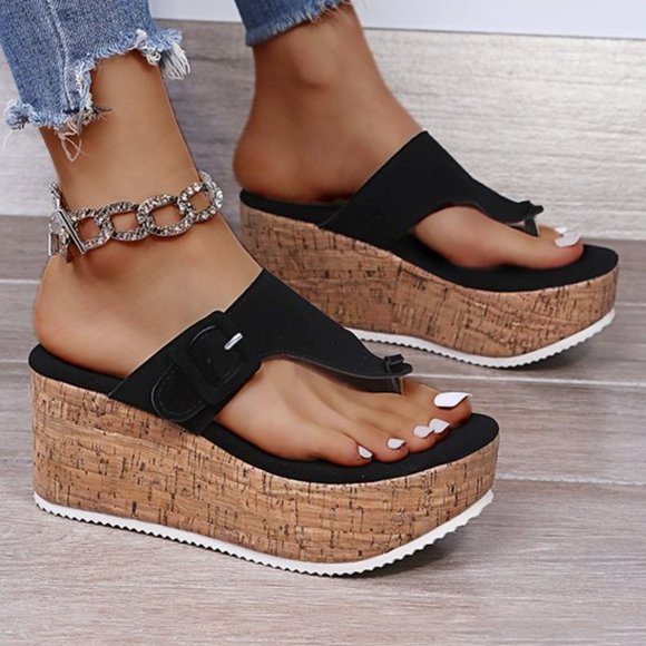 NANIYA - Black Buckle Platform Wedge Sandal – Women Size: 6.5 - Picture 4 of 6